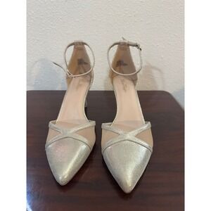 Silver Slipper Ella Champagne Metallic Mesh Rhinestone Ankle Strap Pumps 9.5W